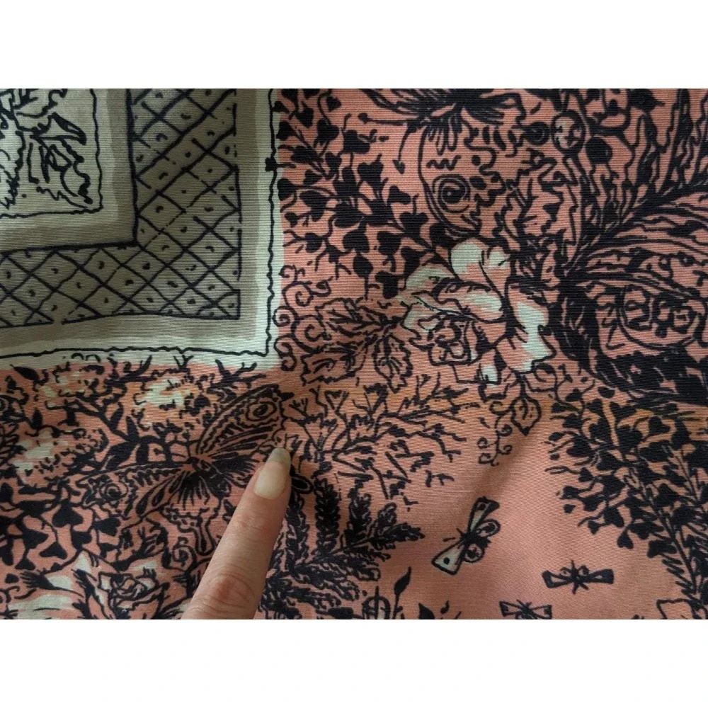 Vintage California Hand Prints Tablecloth Pink Gray Botanical Butterflies 1950s